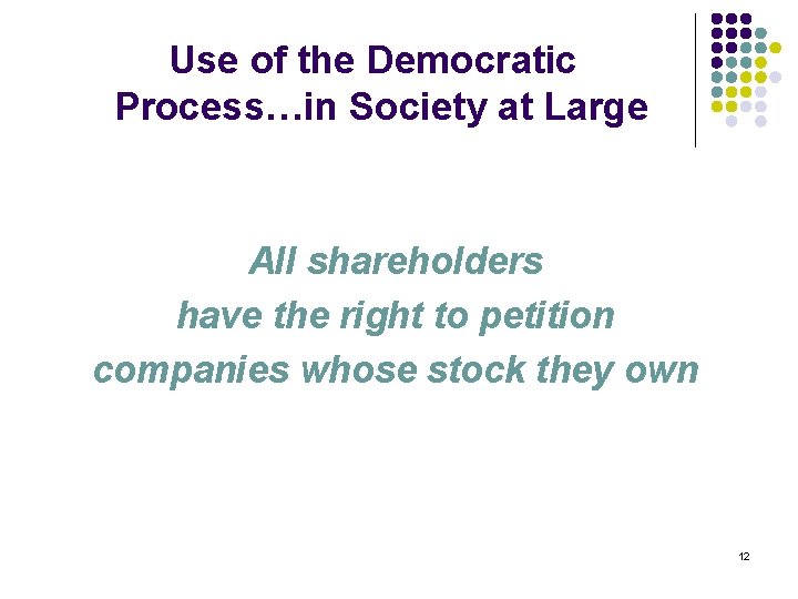 Use of the Democratic Process…in Society at Large All shareholders have the right to