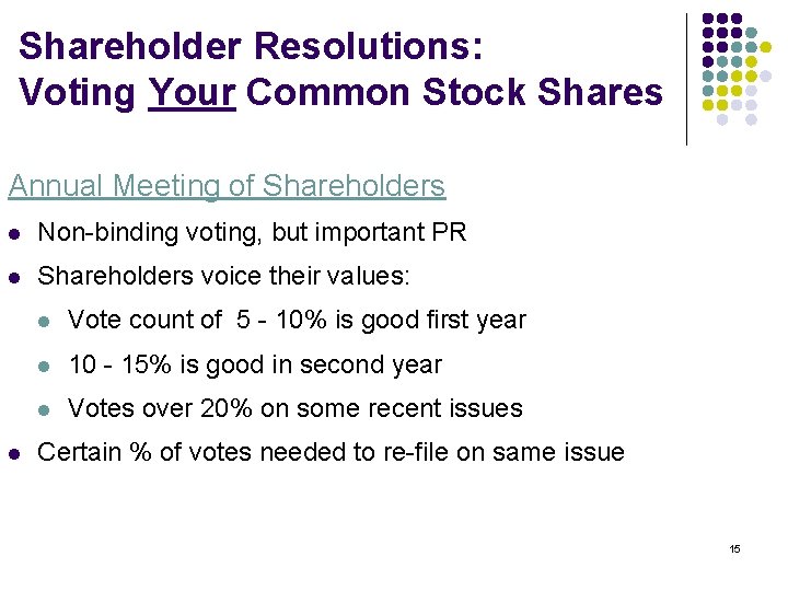 Shareholder Resolutions: Voting Your Common Stock Shares Annual Meeting of Shareholders l Non-binding voting,