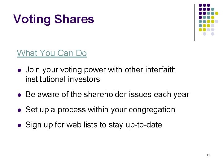 Voting Shares What You Can Do l Join your voting power with other interfaith
