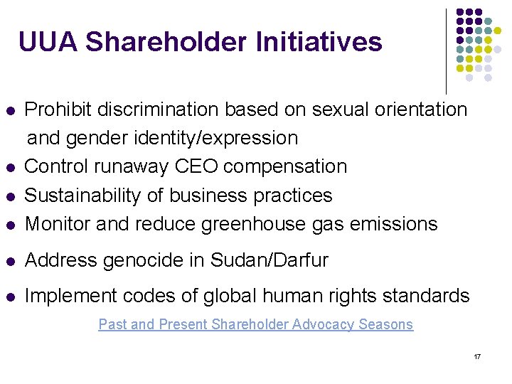 UUA Shareholder Initiatives l Prohibit discrimination based on sexual orientation and gender identity/expression Control