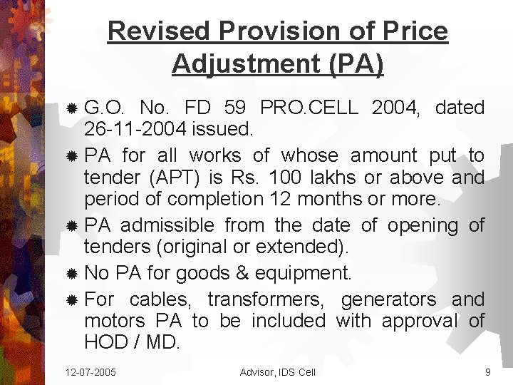 Revised Provision of Price Adjustment (PA) ® G. O. No. FD 59 PRO. CELL Revised Provision of Price Adjustment (PA) ® G. O. No. FD 59 PRO. CELL