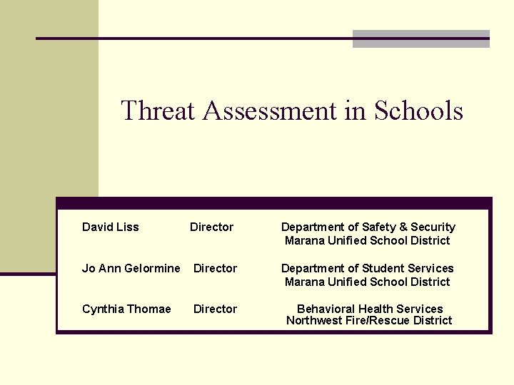 Threat Assessment in Schools David Liss Director Department of Safety & Security Marana Unified