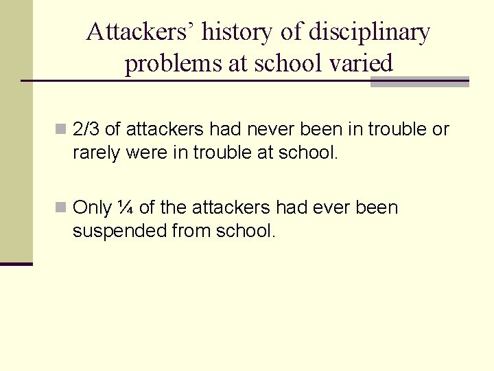 Attackers’ history of disciplinary problems at school varied n 2/3 of attackers had never