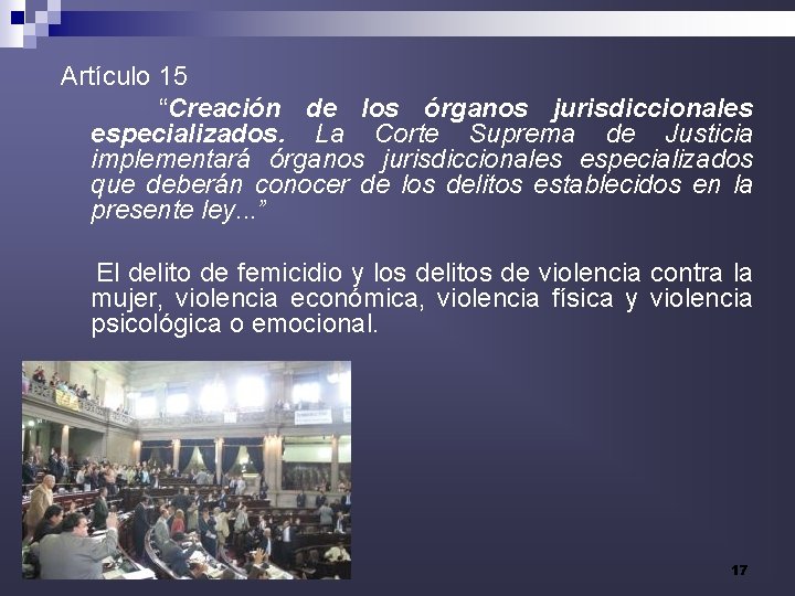 Artículo 15 “Creación de los órganos jurisdiccionales especializados. La Corte Suprema de Justicia implementará