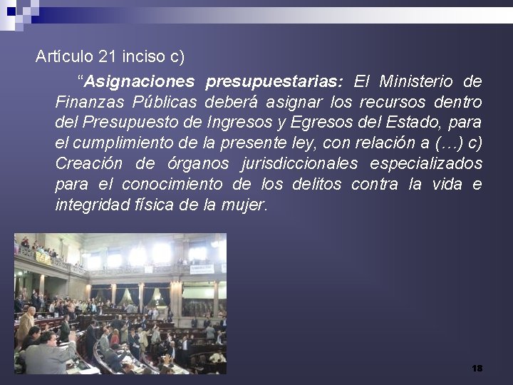 Artículo 21 inciso c) “Asignaciones presupuestarias: El Ministerio de Finanzas Públicas deberá asignar los