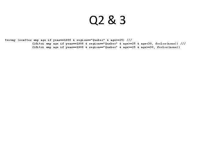 Q 2 & 3 twoway (scatter emp age if year==1986 & region=="Quebec" & age>=25)