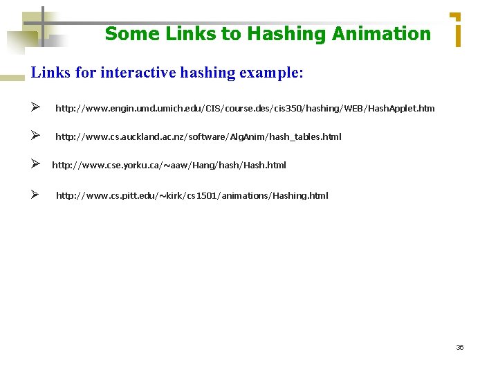 Some Links to Hashing Animation Links for interactive hashing example: Ø http: //www. engin.