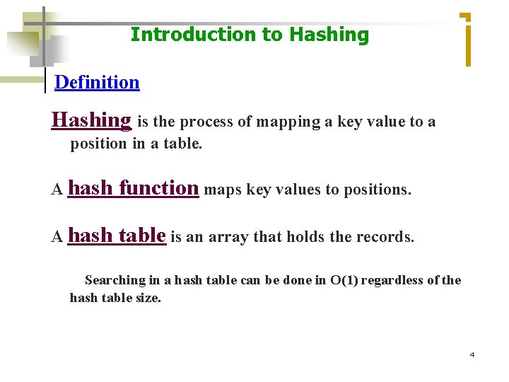 Introduction to Hashing Definition Hashing is the process of mapping a key value to