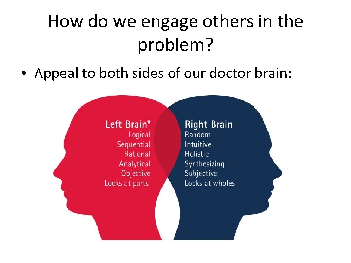 How do we engage others in the problem? • Appeal to both sides of