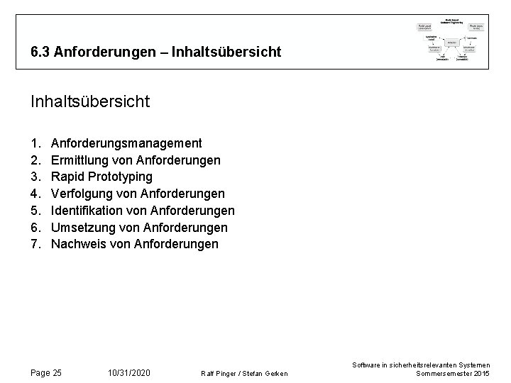 6. 3 Anforderungen – Inhaltsübersicht 1. 2. 3. 4. 5. 6. 7. Anforderungsmanagement Ermittlung