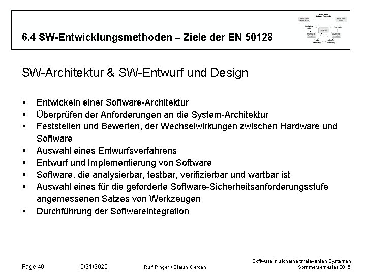 6. 4 SW-Entwicklungsmethoden – Ziele der EN 50128 SW-Architektur & SW-Entwurf und Design §