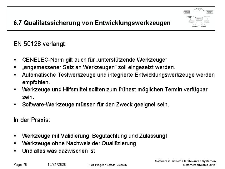 6. 7 Qualitätssicherung von Entwicklungswerkzeugen EN 50128 verlangt: § § § CENELEC-Norm gilt auch