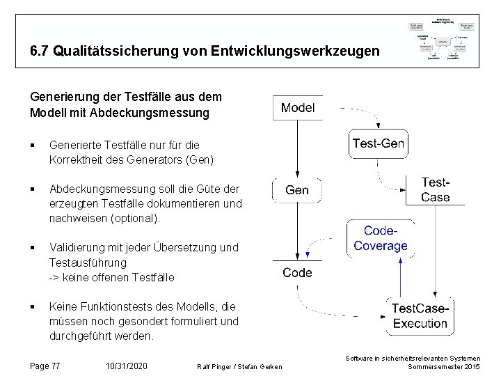 6. 7 Qualitätssicherung von Entwicklungswerkzeugen Generierung der Testfälle aus dem Modell mit Abdeckungsmessung §