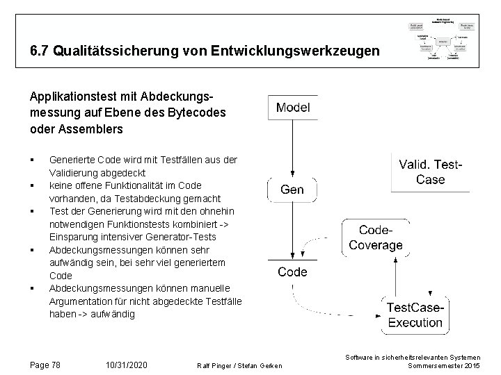 6. 7 Qualitätssicherung von Entwicklungswerkzeugen Applikationstest mit Abdeckungsmessung auf Ebene des Bytecodes oder Assemblers