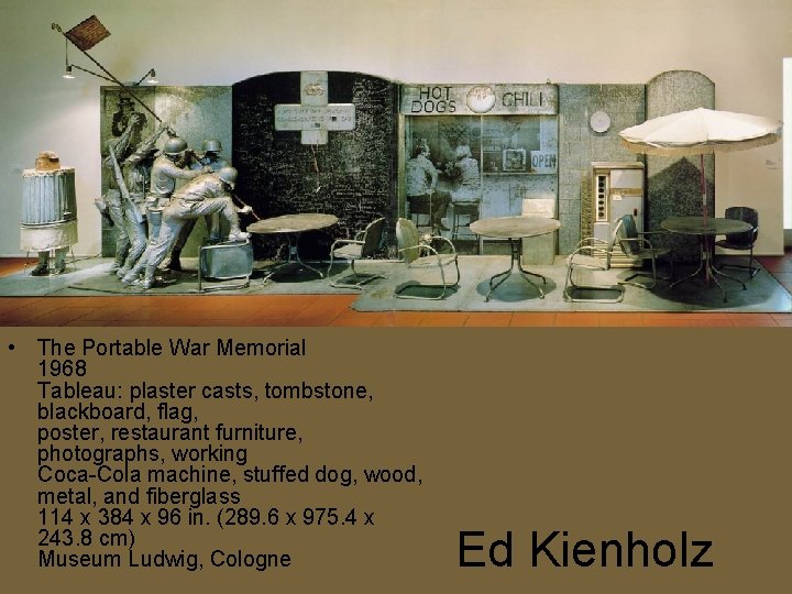 • The Portable War Memorial 1968 Tableau: plaster casts, tombstone, blackboard, flag, poster, • The Portable War Memorial 1968 Tableau: plaster casts, tombstone, blackboard, flag, poster,