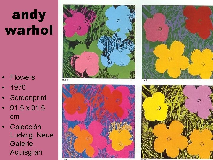 andy warhol • • Flowers 1970 Screenprint 91. 5 x 91. 5 cm • andy warhol • • Flowers 1970 Screenprint 91. 5 x 91. 5 cm •