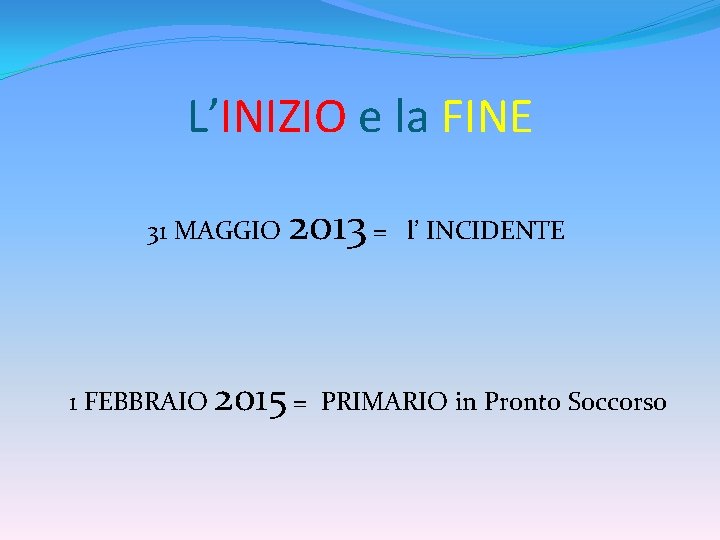 L’INIZIO e la FINE 31 MAGGIO 2013 = l’ INCIDENTE 1 FEBBRAIO 2015 =