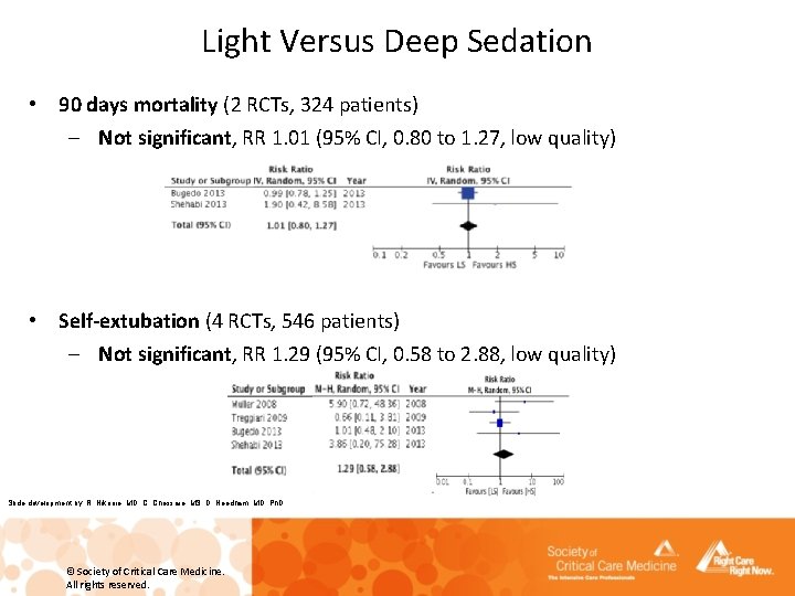 Light Versus Deep Sedation • 90 days mortality (2 RCTs, 324 patients) – Not