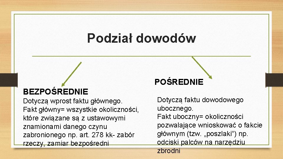 Podział dowodów POŚREDNIE BEZPOŚREDNIE Dotyczą wprost faktu głównego. Fakt główny= wszystkie okoliczności, które związane