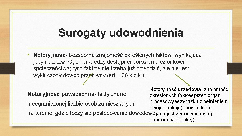 Surogaty udowodnienia • Notoryjność- bezsporna znajomość określonych faktów, wynikająca jedynie z tzw. Ogólnej wiedzy