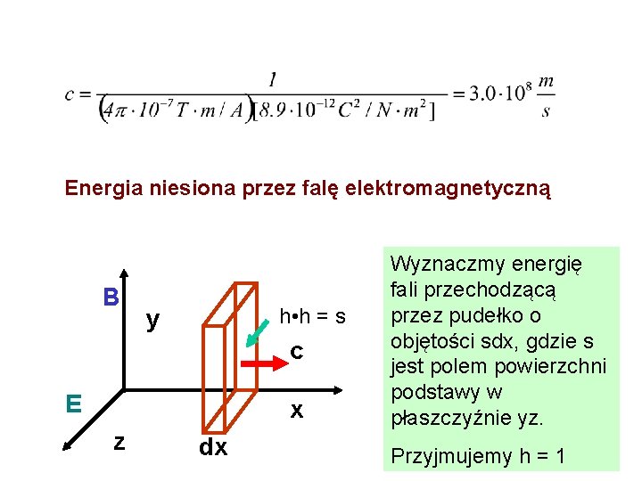 Energia niesiona przez falę elektromagnetyczną B h • h = s y c E