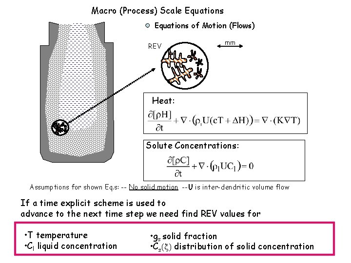 Macro (Process) Scale Equations of Motion (Flows) REV mm Heat: Solute Concentrations: Assumptions for