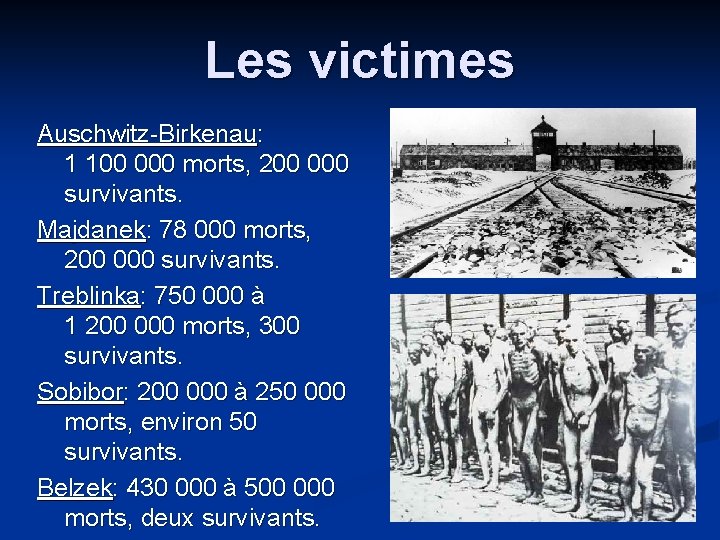 Les victimes Auschwitz-Birkenau: 1 100 000 morts, 200 000 survivants. Majdanek: 78 000 morts,