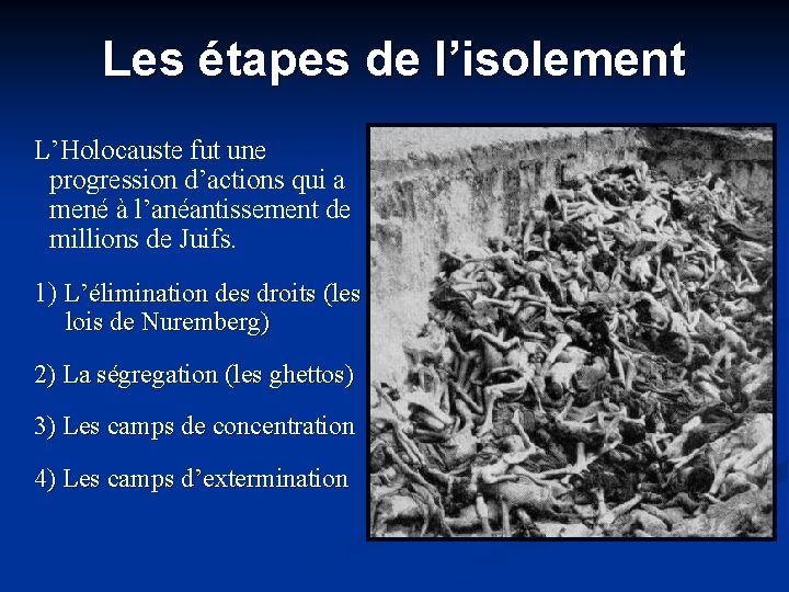 Les étapes de l’isolement L’Holocauste fut une progression d’actions qui a mené à l’anéantissement