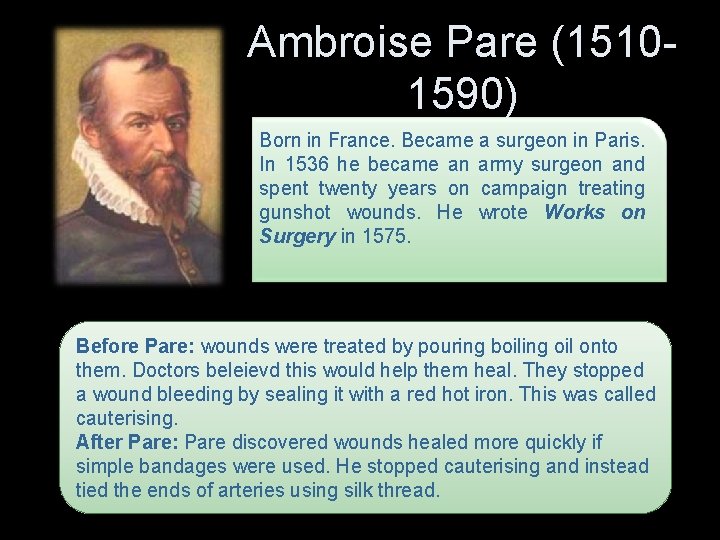 Ambroise Pare (15101590) Born in France. Became a surgeon in Paris. In 1536 he