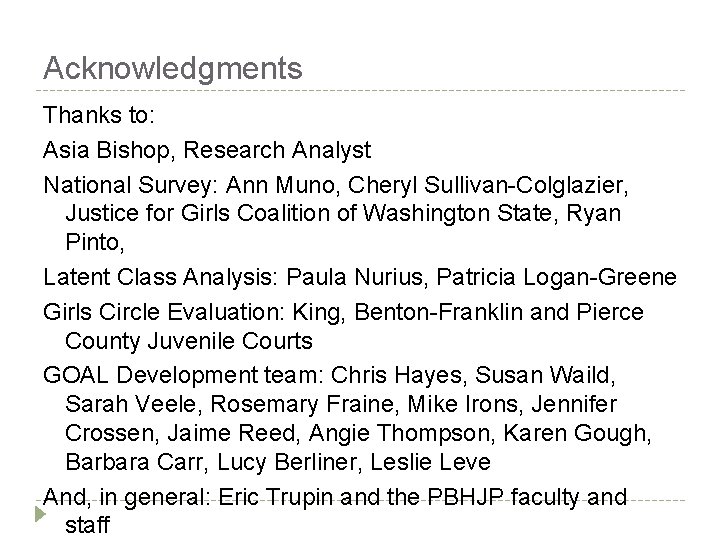 Acknowledgments Thanks to: Asia Bishop, Research Analyst National Survey: Ann Muno, Cheryl Sullivan-Colglazier, Justice