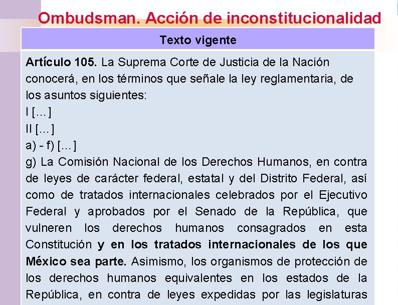 Ombudsman. Acción de inconstitucionalidad Texto vigente Artículo 105. La Suprema Corte de Justicia de Ombudsman. Acción de inconstitucionalidad Texto vigente Artículo 105. La Suprema Corte de Justicia de