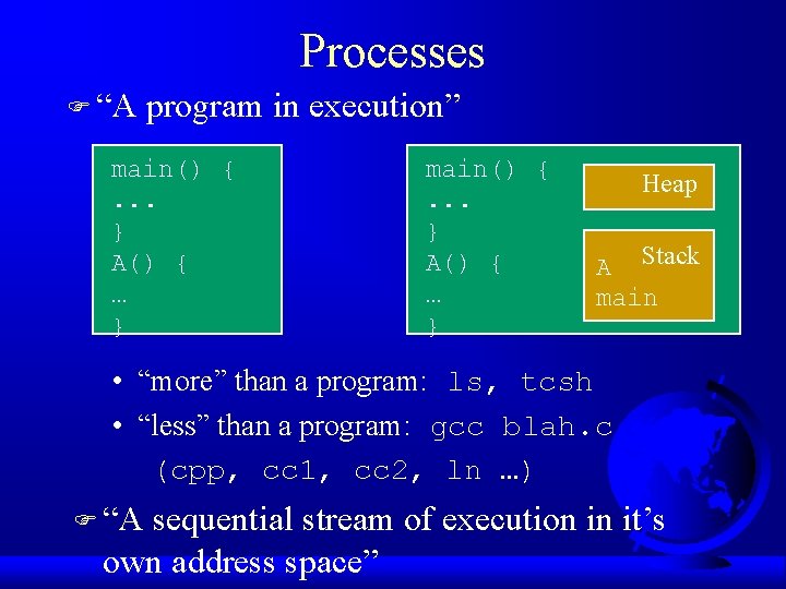 Processes F “A program in execution” main() {. . . } A() { …