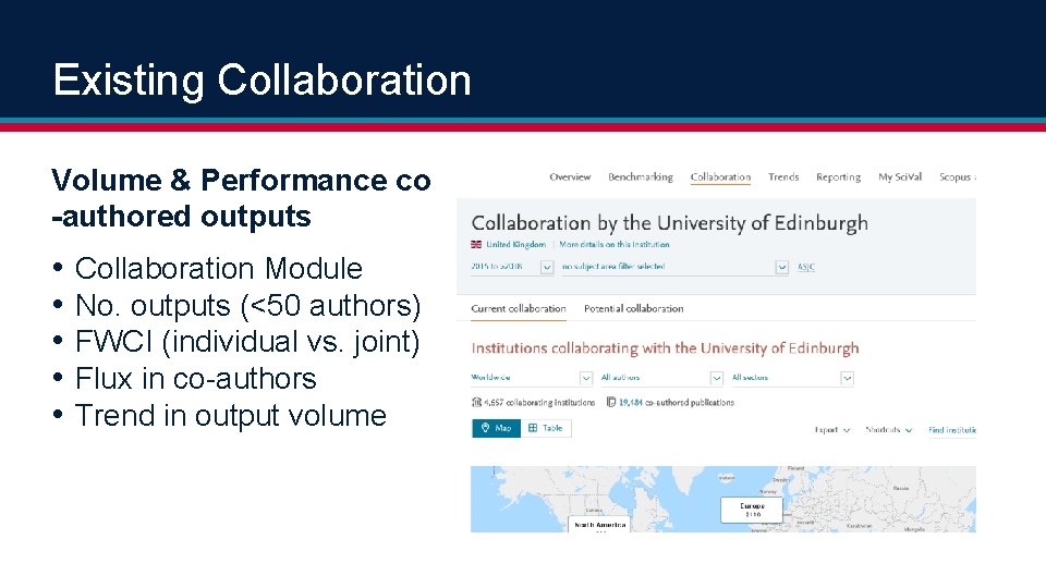 Existing Collaboration Volume & Performance co -authored outputs • • • Collaboration Module No.