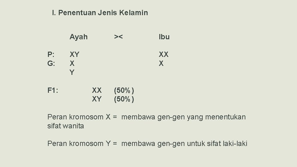 I. Penentuan Jenis Kelamin Ayah P: G: F 1: >< XY X Y Ibu