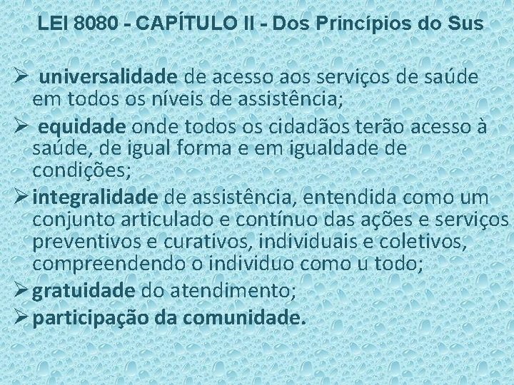 LEI 8080 - CAPÍTULO II - Dos Princípios do Sus Ø universalidade de acesso