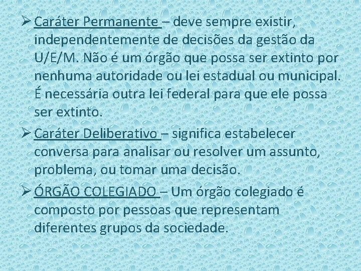 Ø Caráter Permanente – deve sempre existir, independentemente de decisões da gestão da U/E/M.