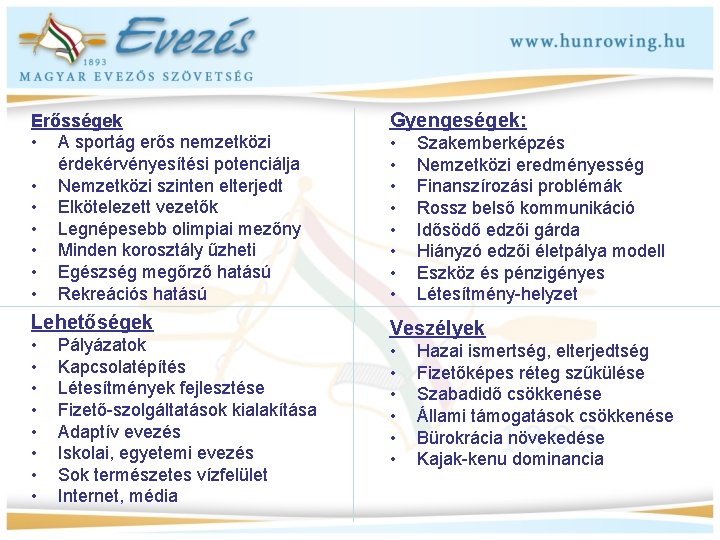 Erősségek • A sportág erős nemzetközi érdekérvényesítési potenciálja • Nemzetközi szinten elterjedt • Elkötelezett