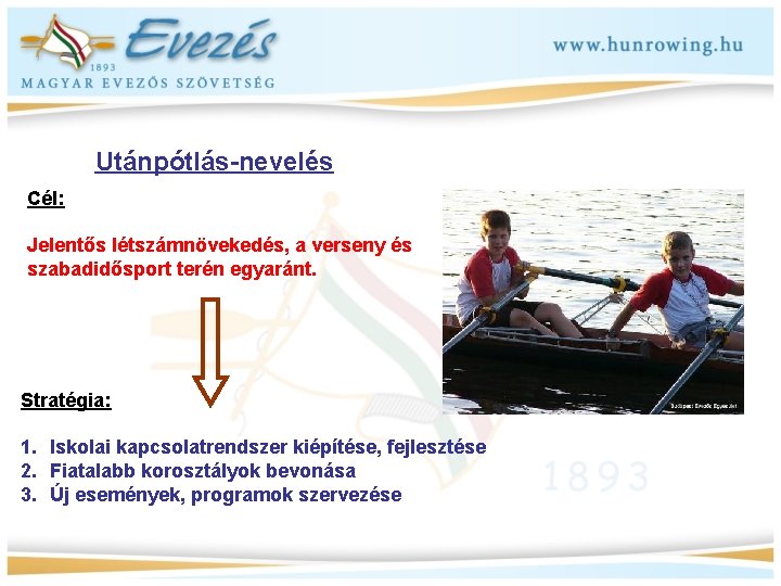 Utánpótlás-nevelés Cél: Jelentős létszámnövekedés, a verseny és szabadidősport terén egyaránt. Stratégia: 1. Iskolai kapcsolatrendszer