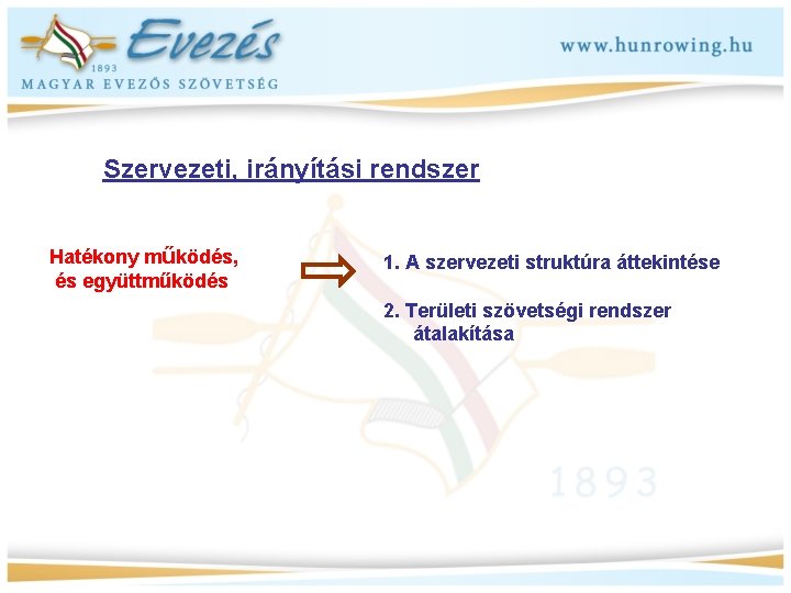 Szervezeti, irányítási rendszer Hatékony működés, és együttműködés 1. A szervezeti struktúra áttekintése 2. Területi