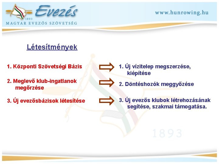 Létesítmények 1. Központi Szövetségi Bázis 1. Új vízitelep megszerzése, kiépítése 2. Meglevő klub-ingatlanok megőrzése