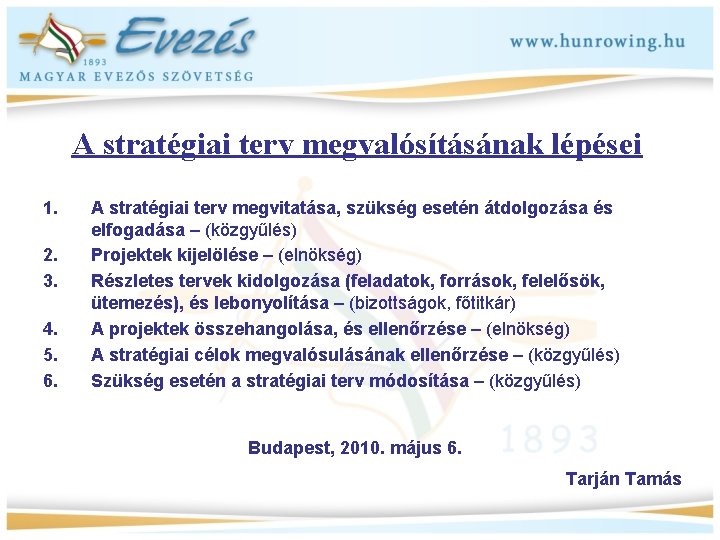 A stratégiai terv megvalósításának lépései 1. 2. 3. 4. 5. 6. A stratégiai terv