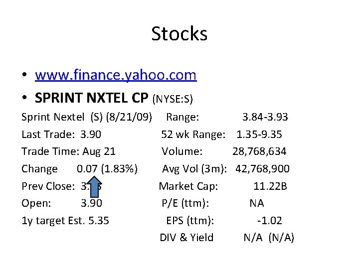 Stocks • www. finance. yahoo. com • SPRINT NXTEL CP (NYSE: S) Sprint Nextel