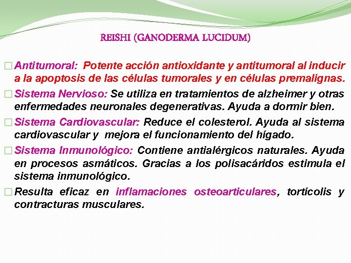 REISHI (GANODERMA LUCIDUM) �Antitumoral: Potente acción antioxidante y antitumoral al inducir a la apoptosis