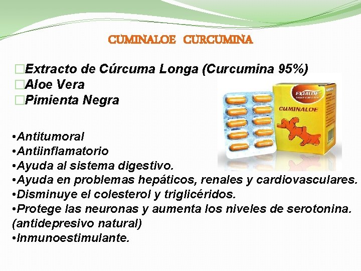 CUMINALOE CURCUMINA �Extracto de Cúrcuma Longa (Curcumina 95%) �Aloe Vera �Pimienta Negra • Antitumoral