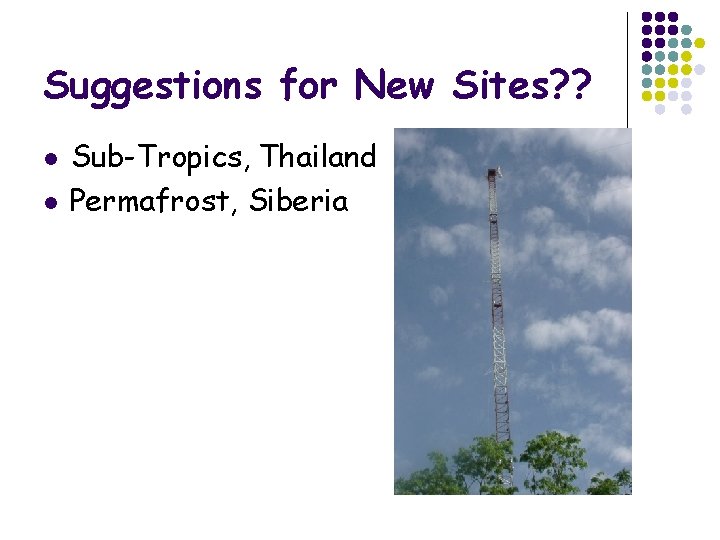 Suggestions for New Sites? ? l l Sub-Tropics, Thailand Permafrost, Siberia 