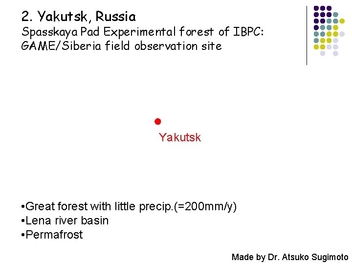 2. Yakutsk, Russia Spasskaya Pad Experimental forest of IBPC: GAME/Siberia field observation site Yakutsk
