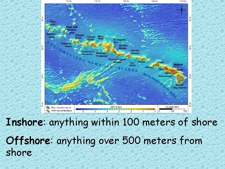 Inshore: anything within 100 meters of shore Offshore: anything over 500 meters from shore