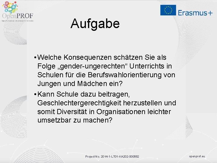 Aufgabe • Welche Konsequenzen schätzen Sie als Folge „gender-ungerechten“ Unterrichts in Schulen für die