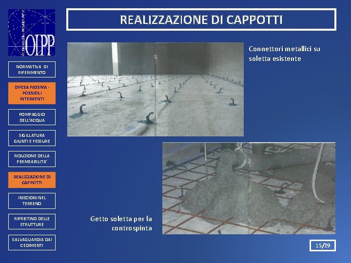 REALIZZAZIONE DI CAPPOTTI Connettori metallici su soletta esistente NORMATIVA DI RIFERIMENTO DIFESA PASSIVA POSSIBILI