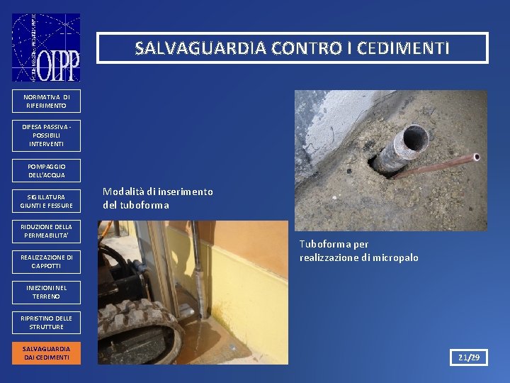 SALVAGUARDIA CONTRO I CEDIMENTI NORMATIVA DI RIFERIMENTO DIFESA PASSIVA POSSIBILI INTERVENTI POMPAGGIO DELL’ACQUA SIGILLATURA